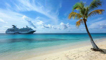 Sticker - Tropical Paradise: Cruise Ship Anchored by a Pristine Beach with Swaying Palm Tree