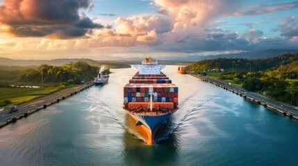 Wall Mural - The expansive Panama Canal with a cargo ship passing through, emphasizing the engineering prowess and global connectivity of the canal system. 