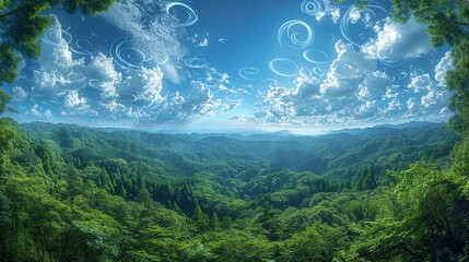 Wall Mural - A panoramic view of a dense forest, with shafts of light penetrating through the foliage, revealing swirling clouds of neutrons and electrons. shiny, Minimal and Simple,