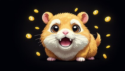 Wall Mural - An excited hamster surrounded by floating Bitcoins, set against a black background. The illustration blends cryptocurrency with a cute and playful vibe.