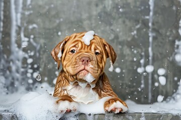 Wall Mural - Happy and playful cute dog playing in a foam bath with foam on his face, photography style