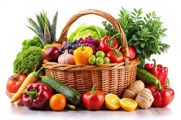 Wall Mural - Assorted organic vegetables and fruits in wicker basket isolated on white background, organic, fresh, healthy, produce, natural, vegan, vegetarian, agriculture, farm, harvest, basket