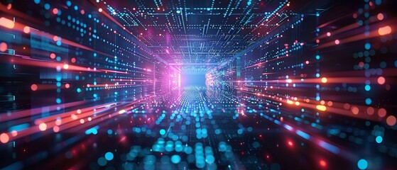 Aufkleber - Futuristic digital tunnel with glowing neon lights, representing data flow and high-speed internet connectivity
