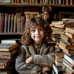Wall Mural - A photo of a child sitting next to a bookshelf overflowing with books, holding a favorite book close and smiling warmly