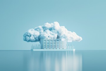 Poster - The white cloud with blue background, cloud storage technology, cloud computing, and hosting. 3D rendering illustration. Generative AI technology.