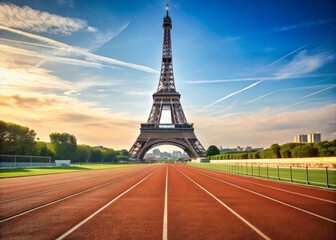 Wall Mural - Athletics track in front of Eiffel Tower with stadium in background, Eiffel Tower, athletics, track, stadium, Olympic Games, 2024, Paris, competition, running, sport, French, skyline, landmark