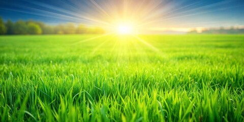 Wall Mural - Green grass field background with bright sunlight, nature, summer, outdoors, landscape, environment, meadow, rural, countryside, scenic, grassy, greenery, sunny, fresh, vibrant, peaceful
