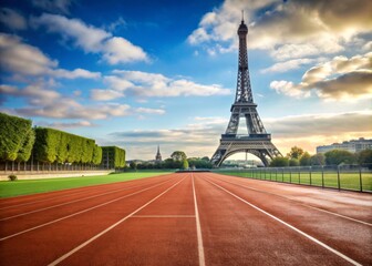 Wall Mural - Athletics track in front of Eiffel Tower with stadium in background, Eiffel Tower, athletics, track, stadium, Olympic Games, 2024, Paris, competition, running, sport, French, skyline, landmark