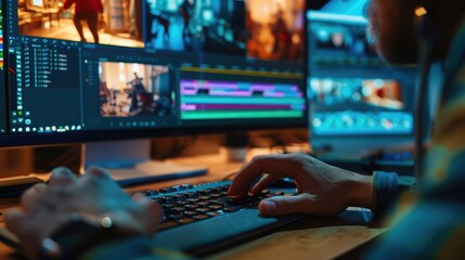 Poster - Video editor's hands working on a timeline in editing software, trimming and rearranging clips to craft a compelling narrative