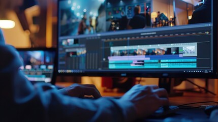 Poster - Video editor's hands working on a timeline in editing software, trimming and rearranging clips to craft a compelling narrative