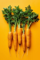 Four fresh carrots with tops, orange background, neatly arranged