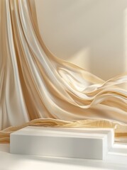 Poster - This 3D display podium has a white background with a pedestal for the display. A white cloth is layered with gold and luxury silk. A beauty cosmetic stand is shown. A feminine mockup with a wave of