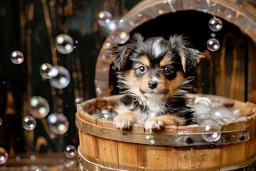 Happy and playful cute dog playing in a foam bath with foam on his face, photography style