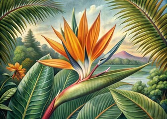 Vintage botanical sketch of bird of paradise flower in tropical setting, tropical, vintage, drawing, bird of paradise, flower, pattern, nature, botanical, sketch, retro, exotic, flora