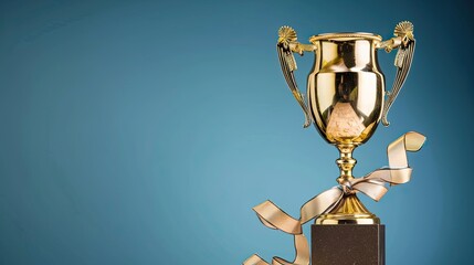 golden trophy and ribbon, competition concept, blue background with copy space