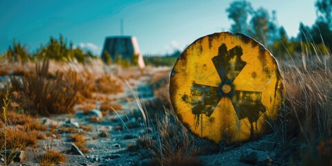  Radiation scientis, nuclear radioactive dangery yellow sign, exclusion zone, disaster area, ecological crisis