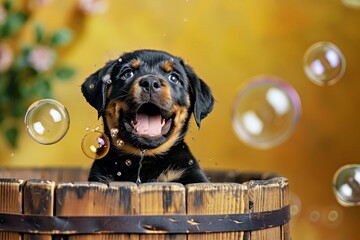 Wall Mural - Happy and playful cute dog playing in a foam bath with foam on his face, photography style