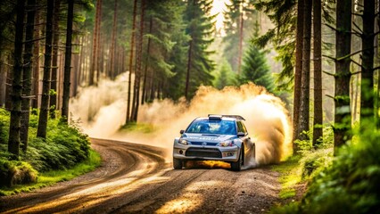Wall Mural - Racing car driving fast through a forest rally, speed, car, race, dynamic, action, adrenaline, competition, sport, rally, adventure, forest, trees, track, car race, powerful, motion