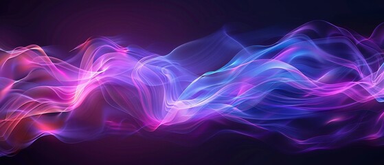 Wall Mural - Abstract neon light wave pattern with vibrant colors of purple, pink, and blue on a dark background, creating a futuristic and dynamic design.