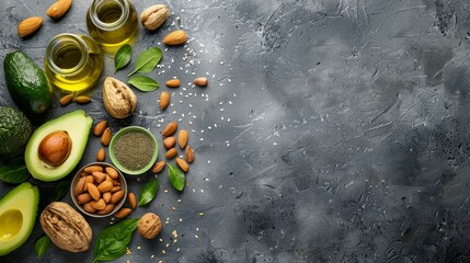 Wall Mural - Assorted healthy fats. avocado, nuts, seeds, and olive oil with blank space