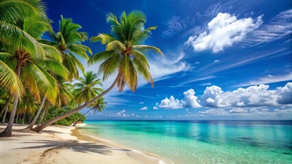 Wall Mural - Tropical paradise with palm trees, sandy beach, clear blue skies, and turquoise waters, beach, tropical, palm trees, paradise, sunny, summer, vacation, travel, blue sky, turquoise water