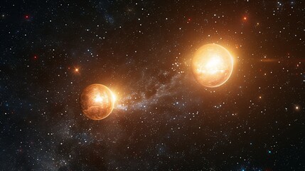 A binary star system with two suns of different colors, their gravitational forces creating complex orbits for surrounding planets, set against a backdrop of a star-studded sky. shiny, Minimal and