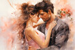 © Anzhelika - Romantic couple, man and woman hugging, watercolor illustration