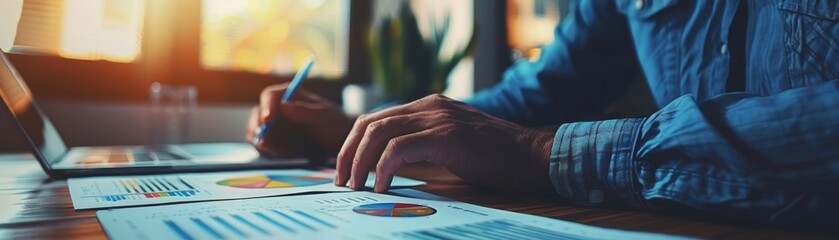 Poster - Close-up of a businessman analyzing financial data and charts at a desk, working on a laptop in a bright, modern office setting.