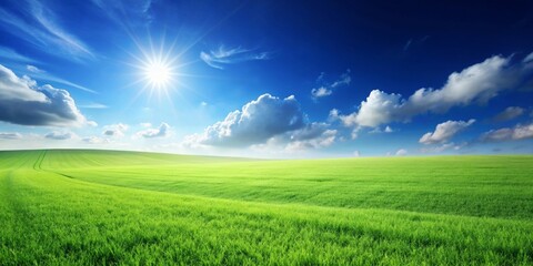Wall Mural - Vibrant green grass field under clear blue sky, field, grass, green, vibrant, nature, landscape, clear, blue, sky, outdoors, peaceful, serene, beauty, summer, sunny day, countryside, growth