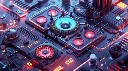 Poster - Futuristic circuit board with glowing lights and intricate components, showcasing advanced technology and innovation in electronics.