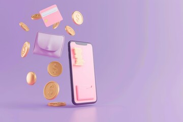 Poster - 3d rendering of money wallet bill floating on smartphone. Cashback concept. Coins, debit, credit cards Investment saving online, banner, illustration.