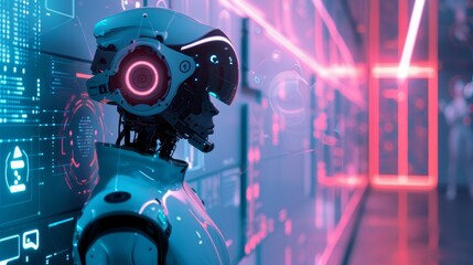 Wall Mural - Futuristic robot with a glowing headset immersed in a high-tech neon-lit environment, representing advanced artificial intelligence and technology.