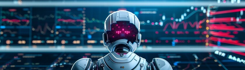 Futuristic robot with neon lights and digital data analysis background, representing advanced AI and technology in a cyber world.