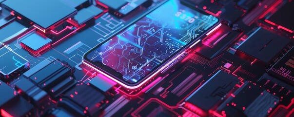 Poster - Futuristic smartphone with glowing neon UI on a vibrant computer circuit board background, highlighting advanced technology and connectivity.