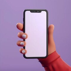 Poster - Hand using mobile phone mockup, 3D cartoon hand holding smartphone on purple background.