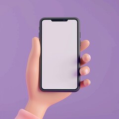 Poster - A 3D cartoon of a hand holding a smartphone isolated on a purple background. The hand is using a mobile phone. Illustration of 3D renders.