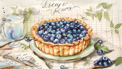 Wall Mural - blueberry pie recipe for food card decor, vintage style