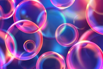 Poster - A neon background with a round frame and glass balls displayed in 3D. Glowing geometric shapes and clear bubbles are added to the scene.