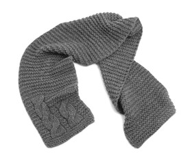 Wall Mural - One grey knitted scarf on white background, top view