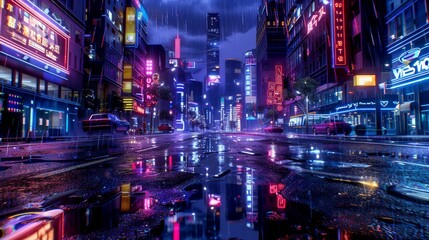 Wall Mural - 3D rendering of a billboard and advertisement sign on a modern building in a capital city with light reflections from puddles on the street. Concept for a night life, never sleep business district