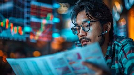 Wall Mural - A man is looking at a computer screen with a lot of numbers and graphs