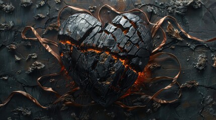 A black and copper copper valentine granite heart shatters into dust, with velvet ribbons wrapped around it. The background is black, and the image is dramatic and artistic