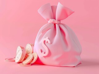 Poster - This is a 3D illustration of money with a money bag, coins, banknotes, and a stack of coins.