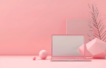 Poster - An illustration of a laptop with a white screen with geometric shapes on a pink background