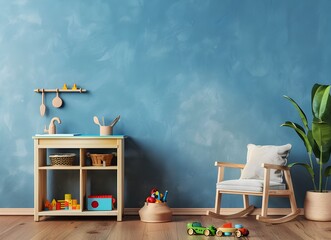 Scandinavian style children's room interior with a wooden play kitchen, armchair and toys on the floor in a minimalistic style