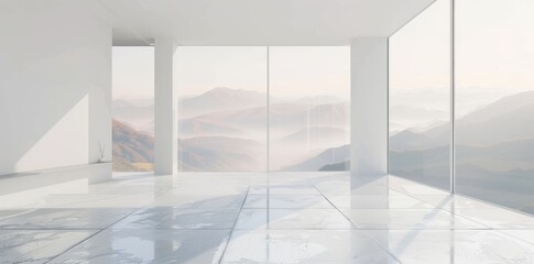 Poster - an empty concrete room with a large window against a natural background is rendered in 3d.