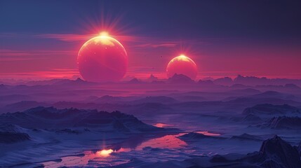 A surreal image of a planet with two sunsets, caused by its binary star system, casting a unique double shadow effect on the landscape, with varied hues in the sky. shiny, Minimal and Simple,