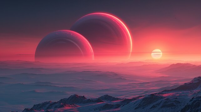 A surreal image of a planet with two sunsets, caused by its binary star system, casting a unique double shadow effect on the landscape, with varied hues in the sky. shiny, Minimal and Simple,