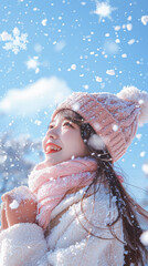 Sticker - A woman wearing a pink coat and a pink hat is standing in the snow