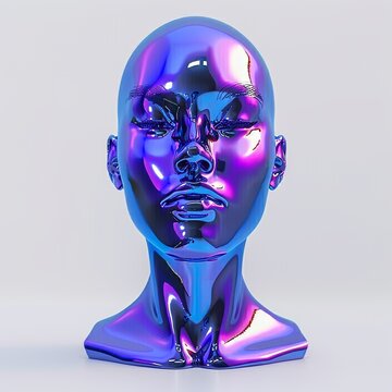 3D rendering illustration of a robot or artificial human made from iridescent plastic material surrounded by neon lights.